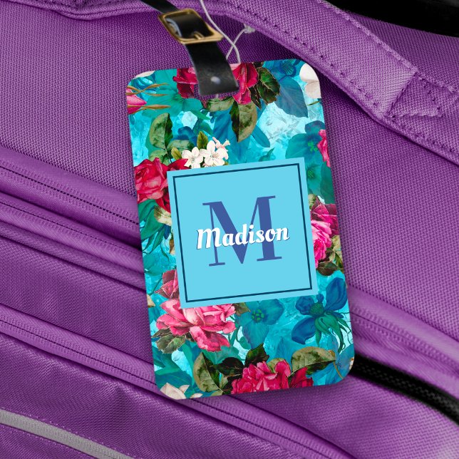 Étiquette À Bagage Élégante fleurs rose fleurie bleu motif (Créateur téléchargé)
