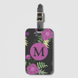 Étiquette À Bagage Élégante Fleurs violettes Art sur Monogramme noir
