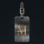 Étiquette À Bagage Élégante initiale de monogramme en or de métal noi<br><div class="desc">Étiquette de bagage personnalisée élégante moderne féminine en métal noir et or avec monogramme et nom personnalisé. Ce design présente un prénom dans une jolie calligraphie à queue avec monogramme initial, informations d'adresse en or et blanc sur un fond en feuille métallique noire fausse. Celles-ci sont faciles à personnaliser. Cadeau...</div>