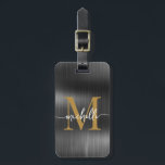 Étiquette À Bagage Élégante initiale de monogramme en or de métal noi<br><div class="desc">Étiquette de bagage personnalisée élégante moderne féminine en métal noir et or avec monogramme et nom personnalisé. Ce design présente un prénom dans une jolie calligraphie à queue avec monogramme initial, informations d'adresse en or et blanc sur un fond en feuille métallique noire fausse. Celles-ci sont faciles à personnaliser. Cadeau...</div>