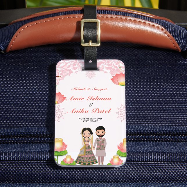 Étiquette À Bagage Élégante Lanternes Lotus Rose Mehndi Sangeet Indie (Insitu Rectoal 2)