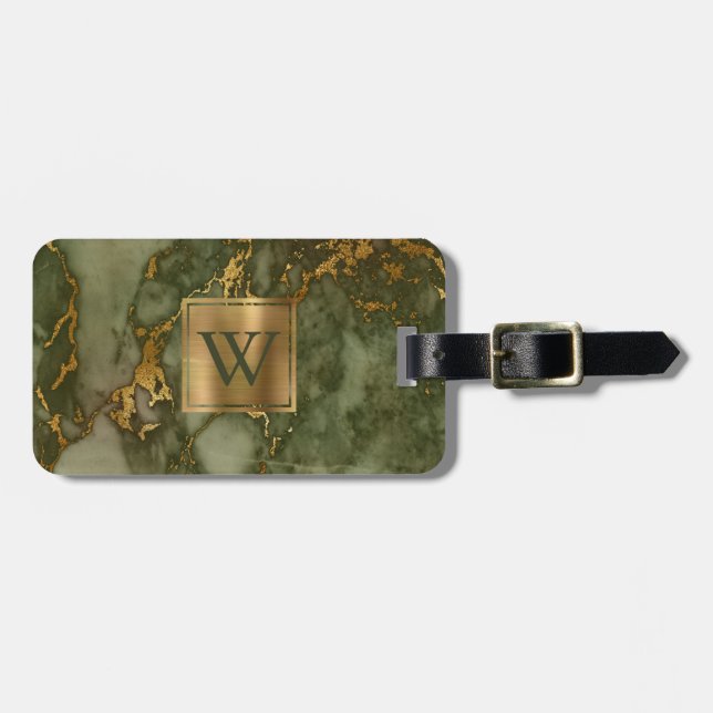 Étiquette À Bagage Élégante Monogramme Marbre Vert Olive Or (Devant horizontal)