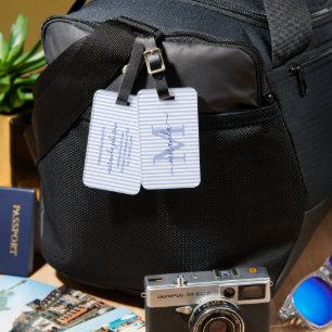 Étiquette À Bagage Élégante Monogramme Personnalisé Rayure Bleue