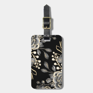 Étiquette À Bagage Elégante Moody Grey Floral Gold Black Aquarelle