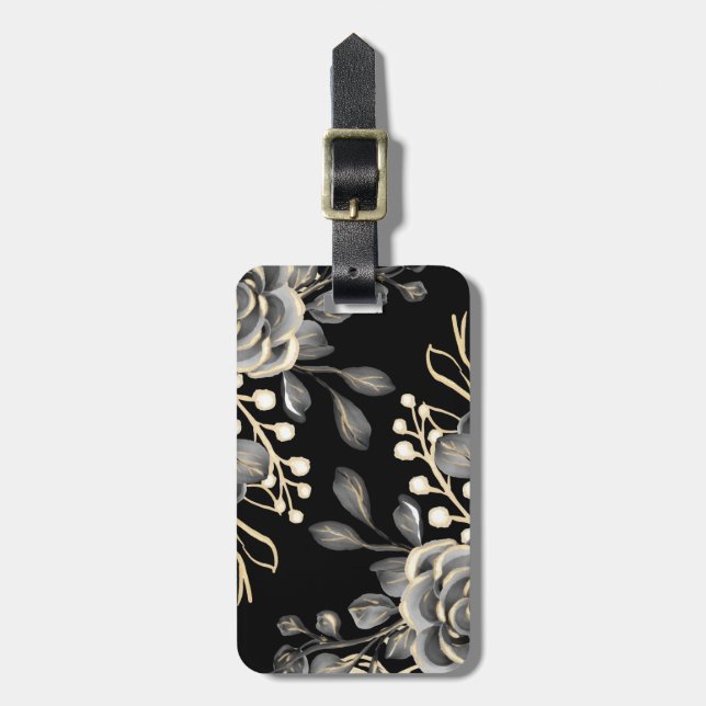 Étiquette À Bagage Elégante Moody Grey Floral Gold Black Aquarelle (Devant Vertical)