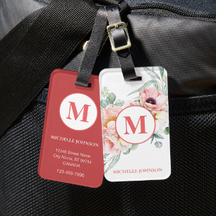 Étiquette À Bagage Élégante pivoine rose avec monogramme étiquette de