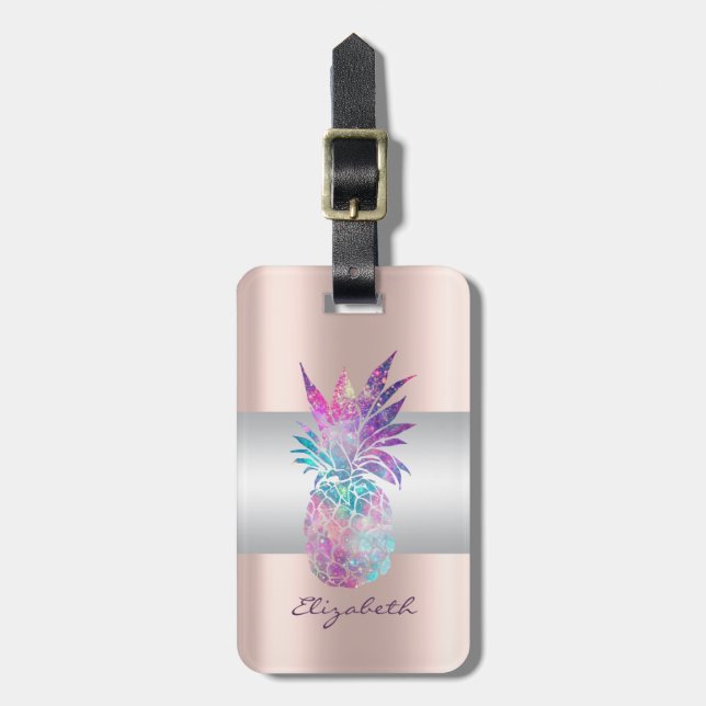 Étiquette À Bagage Élégante rayure girly, ananas rose or (Devant Vertical)