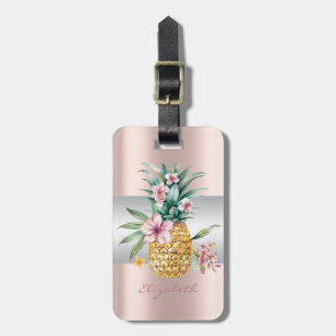 Étiquette À Bagage Élégante rayure girly, floral pineapple or rose