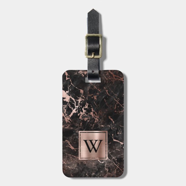 Étiquette À Bagage Élégante Rose Gold Noir Marbre Monogramme Vertical (Devant Vertical)
