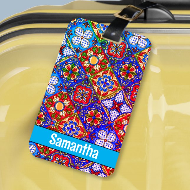 Étiquette À Bagage Elégante talavera mexicaine carrelage bleu violet  (Créateur téléchargé)