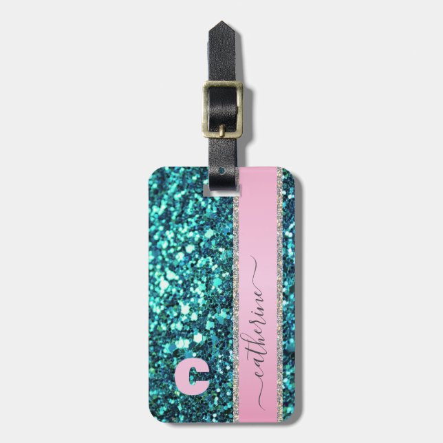 Étiquette À Bagage Élégante tendance Parties scintillant Turquoise ba (Devant Vertical)