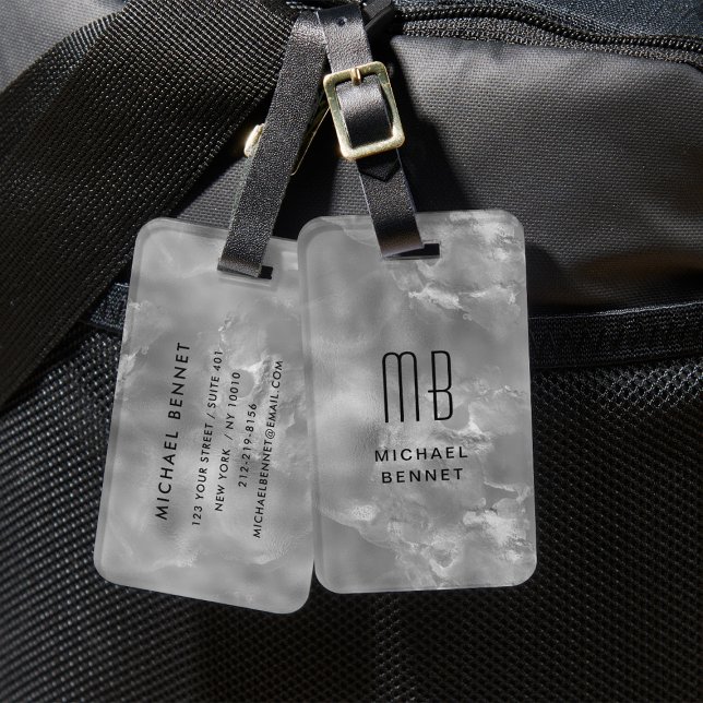 Étiquette À Bagage Élégante texture d'encre liquide gris argenté mono (Elegant Monogrammed Silver Gray Liquid Ink Texture Luggage Tag)