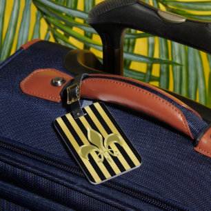 Étiquette À Bagage Elégantes bandes noires et or avec fleur de Lis