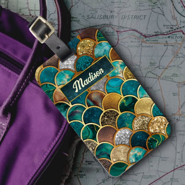Étiquette À Bagage Élégantes écailles de sirène vert turquoise or (Créateur téléchargé)