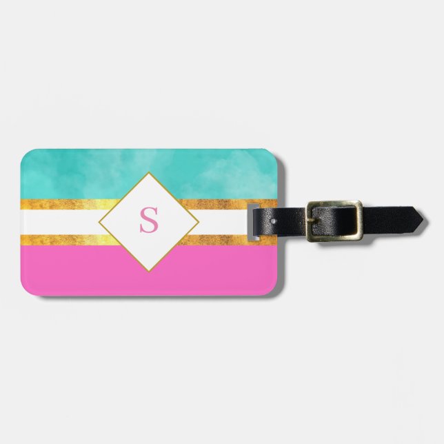 Étiquette À Bagage Élégantes rayures roses et vertes avec monogramme (Devant horizontal)