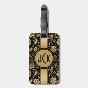 Étiquette À Bagage Élégants damas floraux noirs et or 3 monogrammes