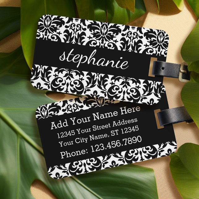 Étiquette À Bagage Elégants modèles Damask avec noir et blanc (Personalized luggage tag - black and white damask)