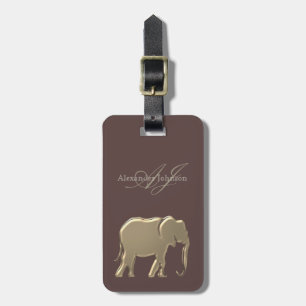 Étiquette À Bagage Élément monogrammé en granit marron et feuille d'o