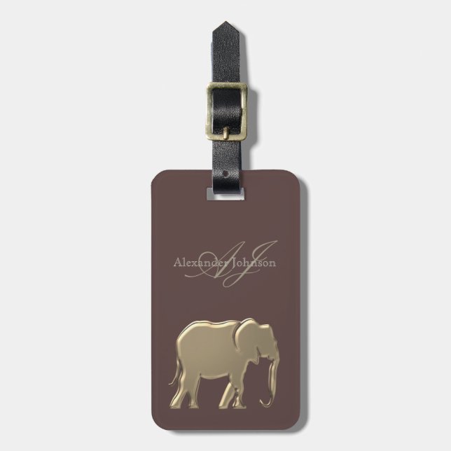 Étiquette À Bagage Élément monogrammé en granit marron et feuille d'o (Devant Vertical)