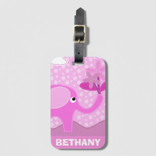 Étiquette À Bagage Eléphant et fleurs rose bébé Personnalisé