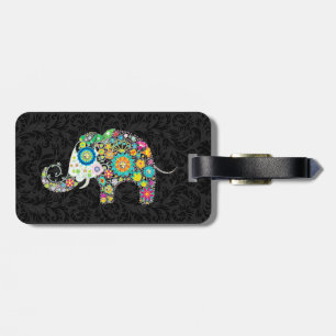 Étiquette À Bagage Eléphant floral rétro coloré et Damas noirs 2