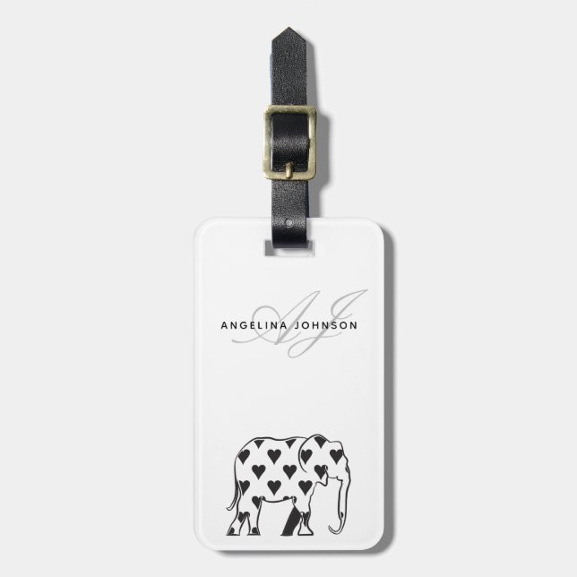 Étiquette À Bagage Éléphant Monogramme Noir et Blanc (Devant Vertical)