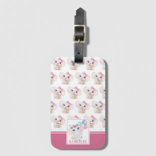 Étiquette À Bagage Éléphant Rose Féminin avec Nœud et Motif de Ballon