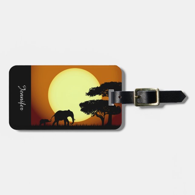Étiquette À Bagage Éléphants de safari au coucher du soleil (Devant horizontal)