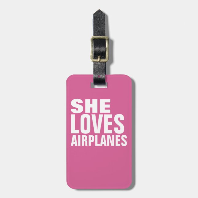 Étiquette À Bagage elle aime les avions, rose (Devant Vertical)
