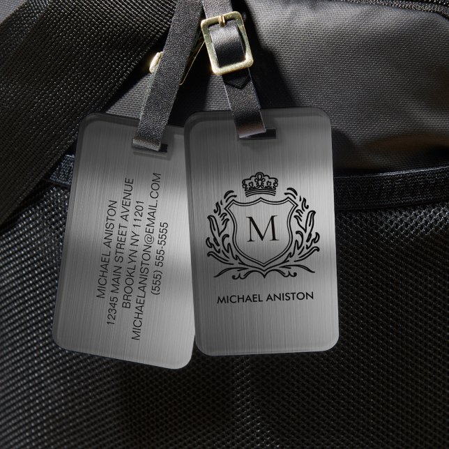 Étiquette À Bagage Emblème Monogramme Royal Métallisé à Brosse Noire (Créateur téléchargé)