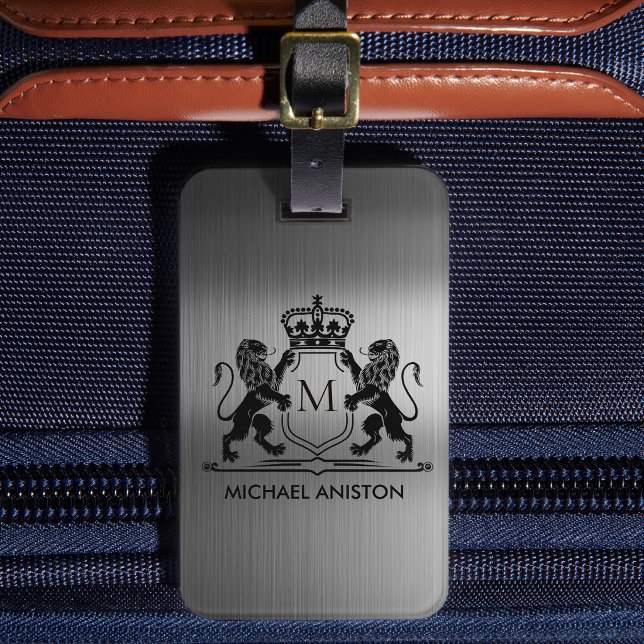 Étiquette À Bagage Emblème Monogramme Royal Métallisé Brossé Noir (Créateur téléchargé)