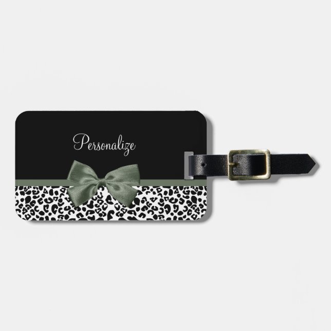 Étiquette À Bagage Empreinte de léopard animal Motif noir vert Bow (Devant horizontal)