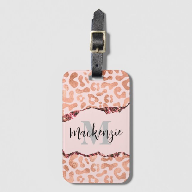 Étiquette À Bagage Empreinte de léopard rose Gold Parties scintillant (Devant Vertical)