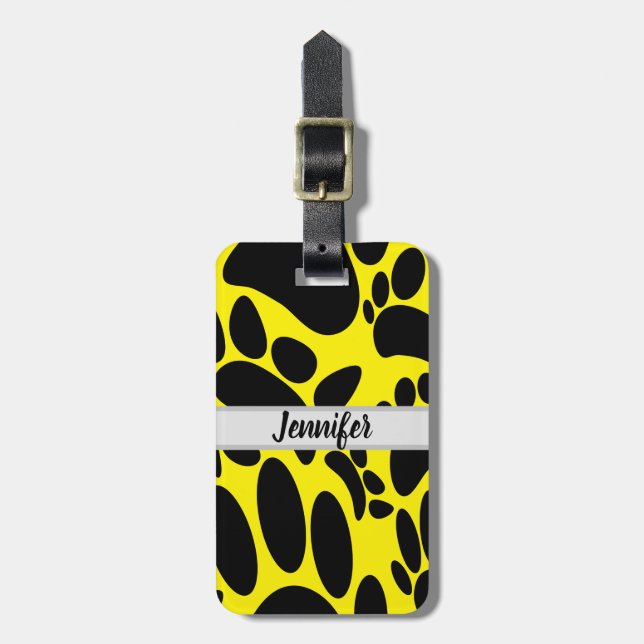 Étiquette À Bagage Empreinte de patte de chien abstraite jaune nom pe (Devant Vertical)