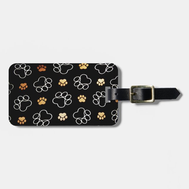 Étiquette À Bagage Empreintes de pattes mignons de chien sur le noir, (Devant horizontal)