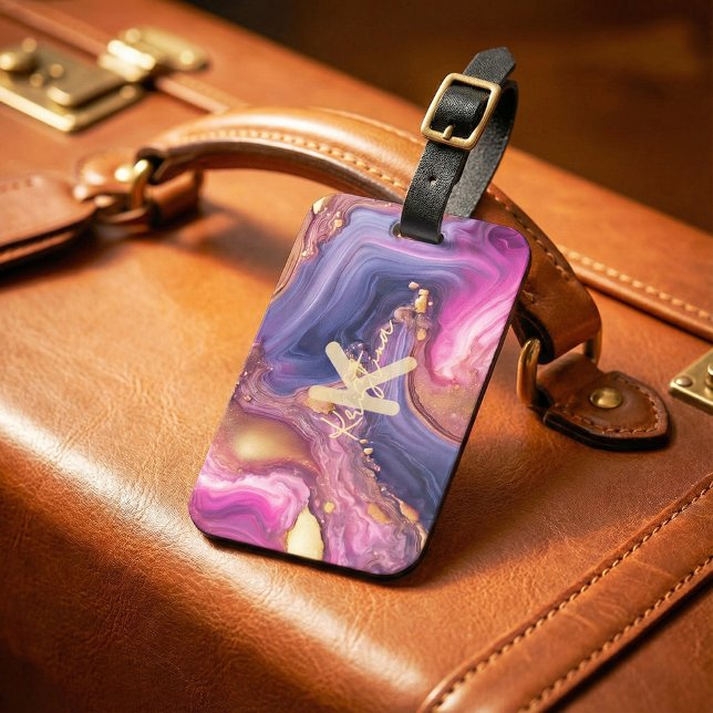 Étiquette À Bagage Encre Alcool Luxe Marbre Agate Violet & Or (Créateur téléchargé)