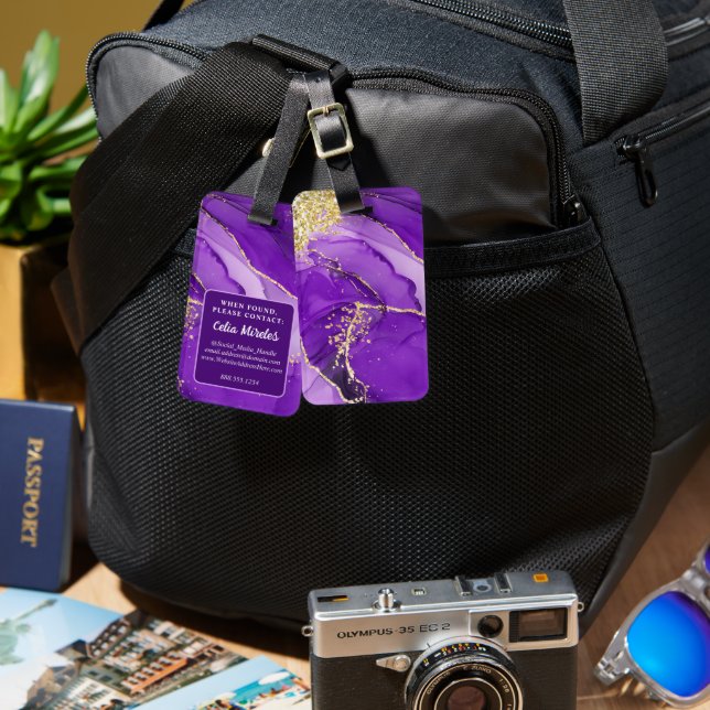 Étiquette À Bagage Encre d'alcool d'or violet Informations personnali (Recto & Verso)