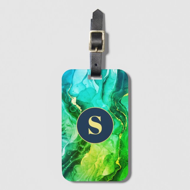 Étiquette À Bagage Encre liquide jaune Turquoise bleu foncé, Monogram (Devant Vertical)