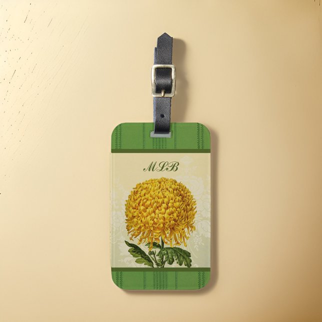 Étiquette À Bagage Énorme Chrysanthème Or avec Monogramme Damas Vert (Créateur téléchargé)