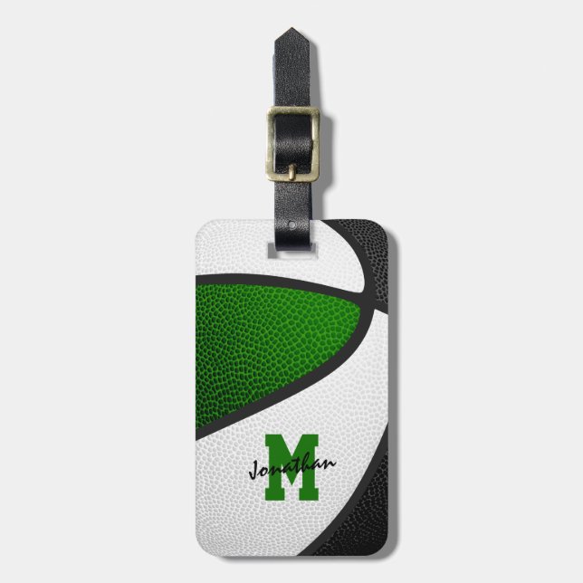 Étiquette À Bagage équipe de basketball noir vert couleurs monogramme (Devant Vertical)