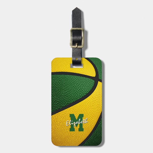 Étiquette À Bagage équipe d'or vert couleurs monogrammed basketball (Devant Vertical)