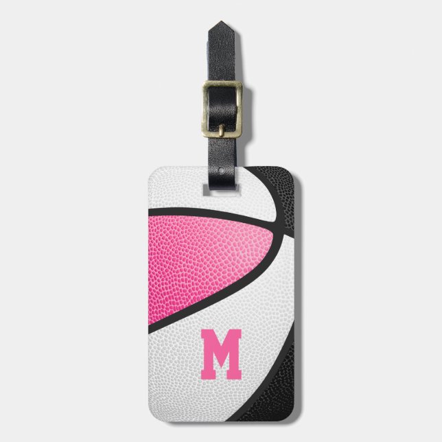 Étiquette À Bagage équipe rose noir couleurs monogrammed basketball (Devant Vertical)