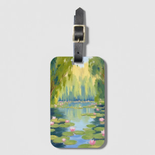 Étiquette À Bagage Étang de fleurs de lotus Nature aquarelle verte