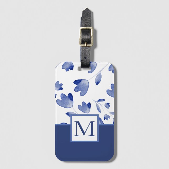 Étiquette À Bagage Etapes de fleurs d'aquarelle bleu Indigo (Devant Vertical)