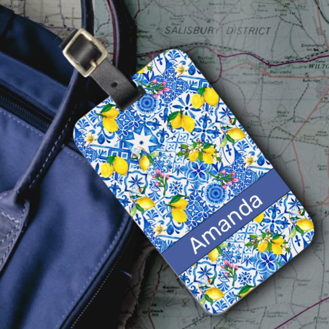 Étiquette À Bagage Eté majolica bleu Sicilienne agrumes méditerranéen (Créateur téléchargé)