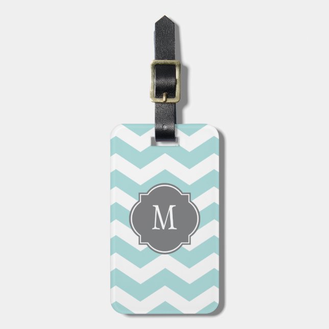 Étiquette À Bagage Étiquette bleue et blanche de bagage de monogramme (Devant Vertical)