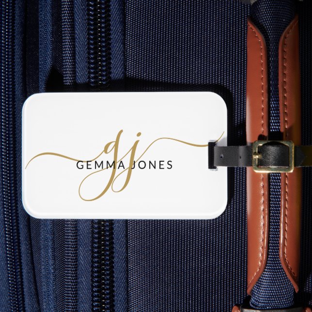 Étiquette À Bagage Étiquette de bagage blanche élégante avec monogram (Insitu Rectoal 4)