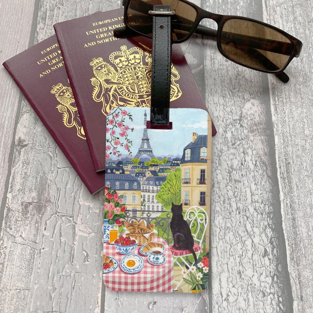 Étiquette À Bagage Étiquette de bagage Chat Balcon Paris Tour Eiffel (Paris Balcony Cat Eiffel Tower Travel Luggage Tag)