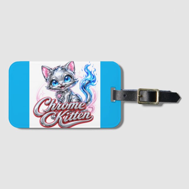 Étiquette À Bagage Étiquette de bagage Chat Chrome pour voyager, fair (Devant Horizontal)