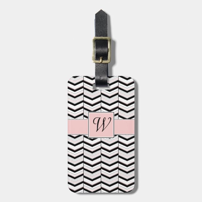 Étiquette À Bagage Étiquette de bagage chevron noir blanc et rose (Devant Vertical)